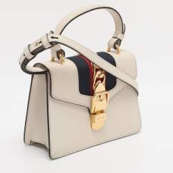 Pre Owned Gucci White Leather Mini Web Sylvie Top Handle Bag
