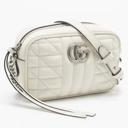 Pre Owned Gucci White Mix Quilted Leather Mini GG Marmont Camera Bag 
