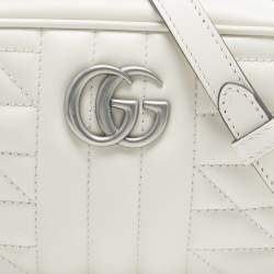 Pre Owned Gucci White Mix Quilted Leather Mini GG Marmont Camera Bag 