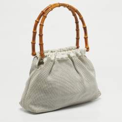 Pre Owned Gucci White Perforated Leather Bamboo Handle Bag