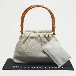 Pre Owned Gucci White Perforated Leather Bamboo Handle Bag