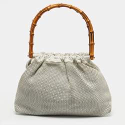 Pre Owned Gucci White Perforated Leather Bamboo Handle Bag