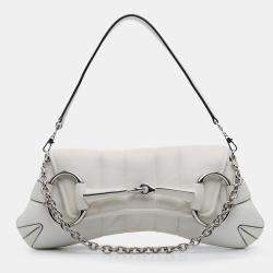 Pre Owned Gucci White Small Leather Horsebit Chain Satchel