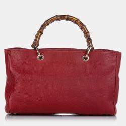 Pre Owned Gucci Red Medium Calfskin Bamboo Shopper Satchel
