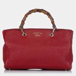 Pre Owned Gucci Red Medium Calfskin Bamboo Shopper Satchel
