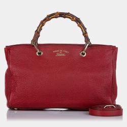 Pre Owned Gucci Red Medium Calfskin Bamboo Shopper Satchel