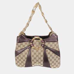 Pre Owned Gucci Tom Ford Metallic Purple Beige Monogram Bamboo Chain Shoulder Bag