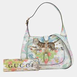 Pre Owned Gucci White Yuko Higuchi Small Calfskin  Floral Print Jackie 1961