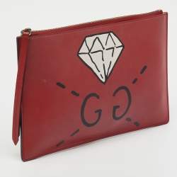 مملوكة مسبقًا Gucci Red Leather Ghost Diamond Print Zip Pouch Clutch