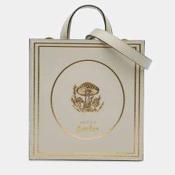 Pre Owned Gucci Beige Garden Calfskin Mushrooms Vertical Shopping Tote