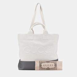 Pre Owned Gucci Grey White Canvas Embossed Logo Tote