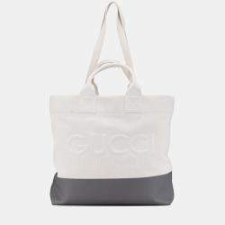 Pre Owned Gucci Grey White Canvas Embossed Logo Tote