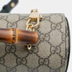 Pre Owned Gucci Beige Brown GG Supreme Bamboo Padlock Satchel