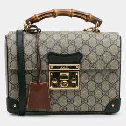 Pre Owned Gucci Beige Brown GG Supreme Bamboo Padlock Satchel
