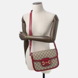 Pre Owned Gucci 1955 Horsebit GG Supreme Beige/Red Leather Shoulder Bag