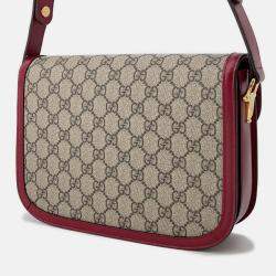 Pre Owned Gucci 1955 Horsebit GG Supreme Beige/Red Leather Shoulder Bag