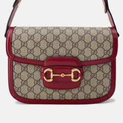 Pre Owned Gucci 1955 Horsebit GG Supreme Beige/Red Leather Shoulder Bag