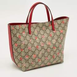 Pre Owned Gucci Red/Beige GG Supreme Canvas and Leather Girl's Ladybug Tote