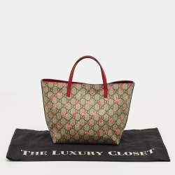 Pre Owned Gucci Red/Beige GG Supreme Canvas and Leather Girl's Ladybug Tote
