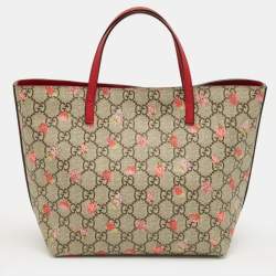 Pre Owned Gucci Red/Beige GG Supreme Canvas and Leather Girl's Ladybug Tote