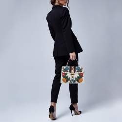 Pre Owned Gucci White Leather Floral Embroidered Medium Sylvie Top Handle Bag