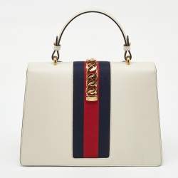 Pre Owned Gucci White Leather Floral Embroidered Medium Sylvie Top Handle Bag