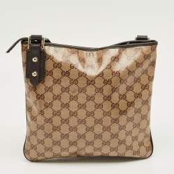 Pre Owned Gucci Beige/Brown GG Crystal Canvas and Leather Flat Messenger Bag