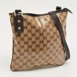 Pre Owned Gucci Beige/Brown GG Crystal Canvas and Leather Flat Messenger Bag