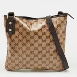 Pre Owned Gucci Beige/Brown GG Crystal Canvas and Leather Flat Messenger Bag