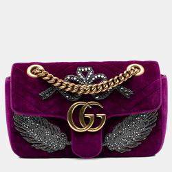 Pre Owned Gucci Purple Small GG Marmont Matelasse Velvet Crystal Embellished Shoulder Bag
