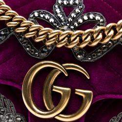 Pre Owned Gucci Purple Small GG Marmont Matelasse Velvet Crystal Embellished Shoulder Bag
