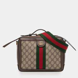 Pre Owned Gucci Brown Small GG Supreme Web Ophidia Satchel