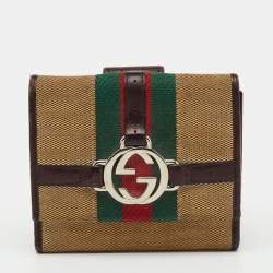 Pre Owned Gucci Beige/Brown Canvas and Leather Web GG Reins Compact Wallet