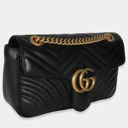 Pre Owned Gucci Black Calfskin Matelasse Medium GG Marmont Shoulder Bag