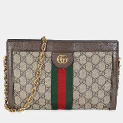 Pre Owned Gucci Beige GG Supreme Canvas Small Ophidia Web Chain Bag