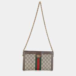 Pre Owned Gucci Beige GG Supreme Canvas Small Ophidia Web Chain Bag