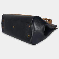 Pre Owned Gucci Dark Natural Blue Straw Lux New Sakai Calfskin Lux Medium Dahlia Bamboo Bag