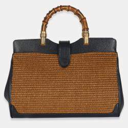 Pre Owned Gucci Dark Natural Blue Straw Lux New Sakai Calfskin Lux Medium Dahlia Bamboo Bag