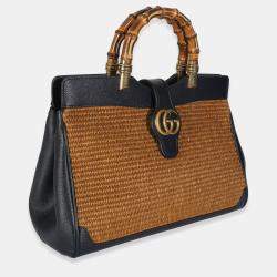 Pre Owned Gucci Dark Natural Blue Straw Lux New Sakai Calfskin Lux Medium Dahlia Bamboo Bag