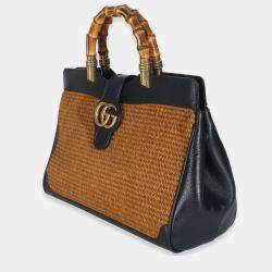 Pre Owned Gucci Dark Natural Blue Straw Lux New Sakai Calfskin Lux Medium Dahlia Bamboo Bag