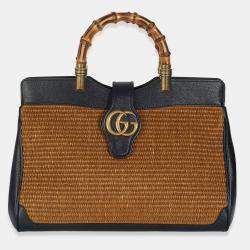 Pre Owned Gucci Dark Natural Blue Straw Lux New Sakai Calfskin Lux Medium Dahlia Bamboo Bag