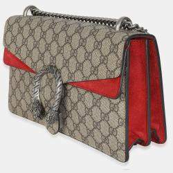 Pre Owned Gucci Red Beige GG Supreme Monogram Medium Dionysus Shoulder Bag