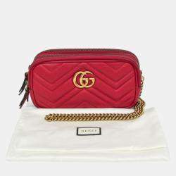 Pre Owned Gucci GG Marmont Leather Shoulder Bag Red Color