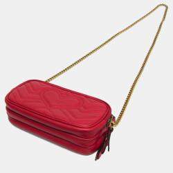 Pre Owned Gucci GG Marmont Leather Shoulder Bag Red Color