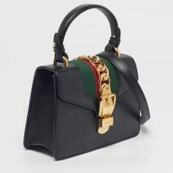 Pre Owned Gucci Black Leather Mini Web Sylvie Top Handle Bag