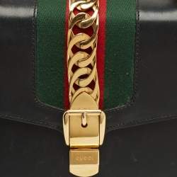 Pre Owned Gucci Black Leather Medium Web Sylvie Top Handle Bag
