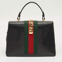 Pre Owned Gucci Black Leather Medium Web Sylvie Top Handle Bag