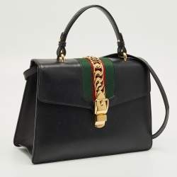 Pre Owned Gucci Black Leather Medium Web Sylvie Top Handle Bag