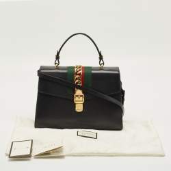 Pre Owned Gucci Black Leather Medium Web Sylvie Top Handle Bag