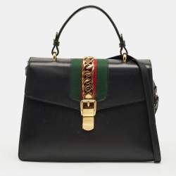Pre Owned Gucci Black Leather Medium Web Sylvie Top Handle Bag